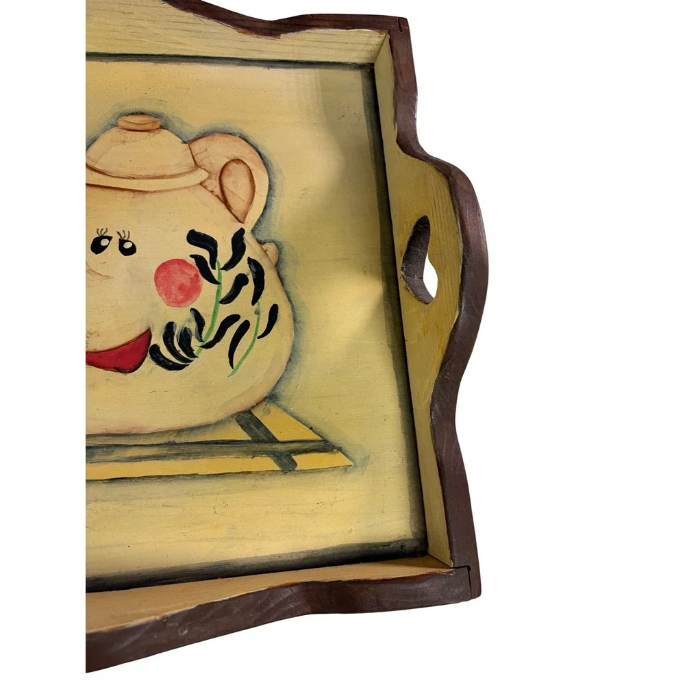 Vintage Hand Painted‎ Wooden Tea Tray Teapot Kitchen Serving Cottage Decor